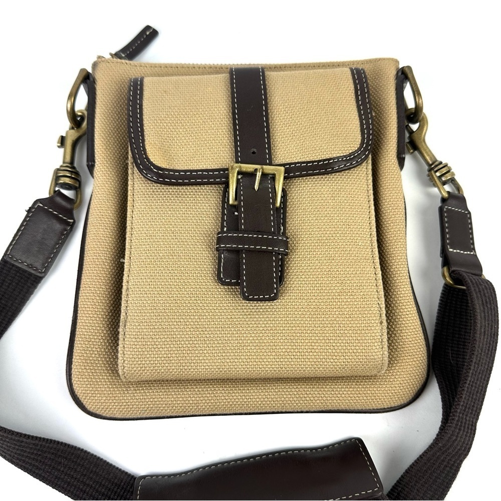 Eddie Bauer Crossbody Bag Canvas Leather Trim Tan Brown Vintage‎ Handbag Travel - Picture 2 of 10